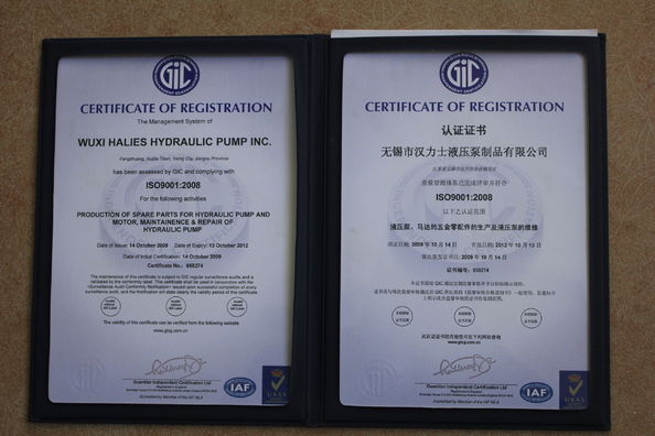 China WUXI HALIES HYDRAULIC PUMP INC Certificações